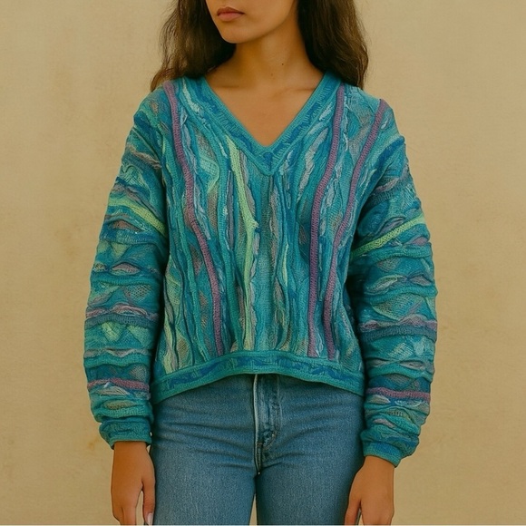COOGI VINTAGE 90s Chunky Knit Cropped V-Neck Textured Knit Women's Wool Sweater - Picture 1 of 11